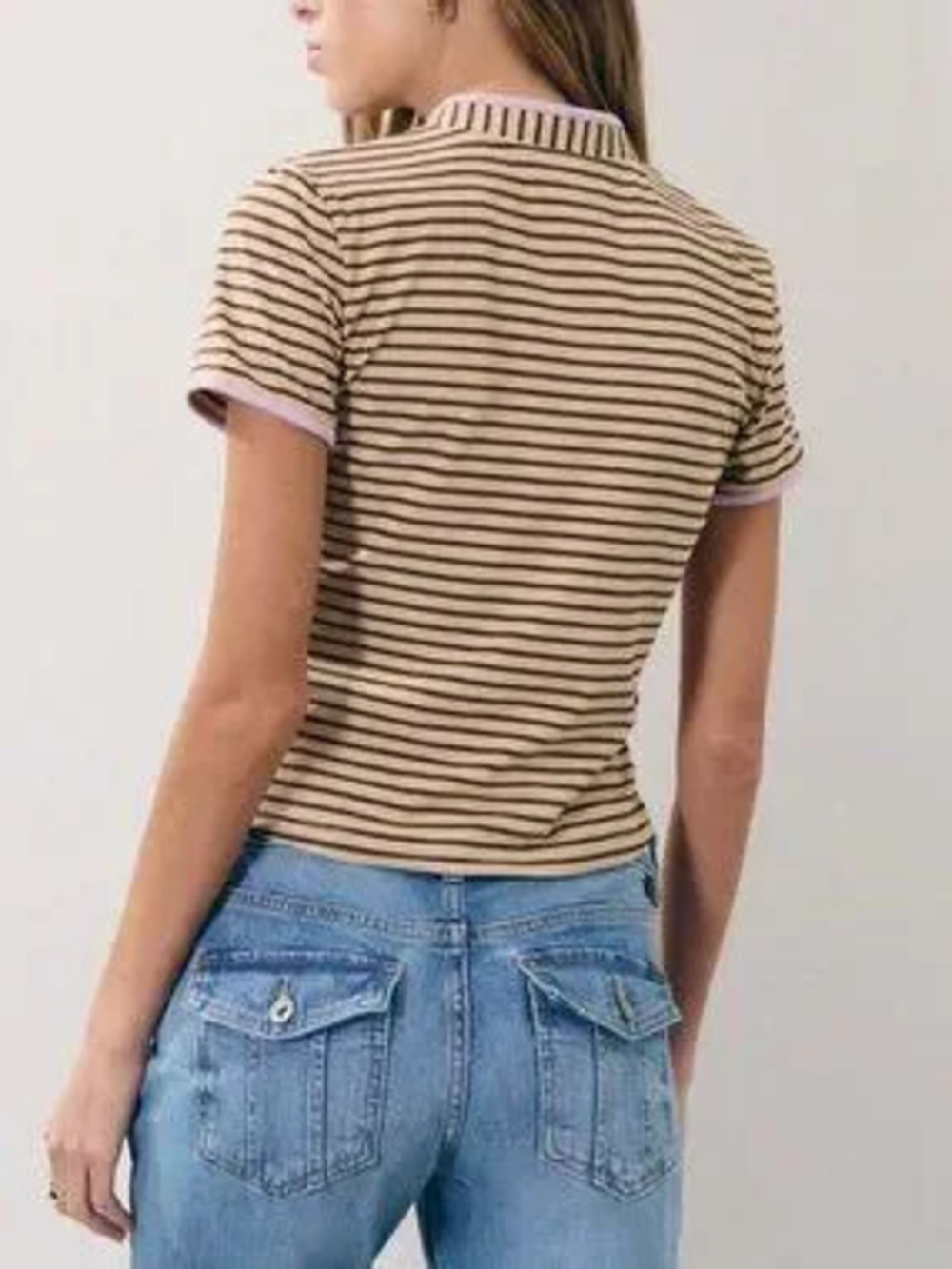 Khaki Casual Women's Striped Mandarin Collar Slim Fit T-Shirt Top